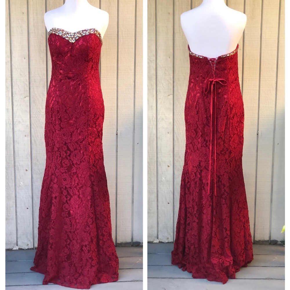 EVA USA Rhinestone Lace Strapless Floor Length Mermaid Burgundy Evening Gown 10